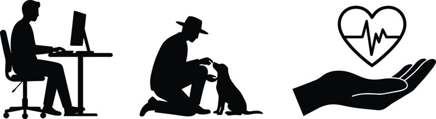 Work office desk silhouette, man with dog pet care, health heart hand support, business lifestyle, companionship, wellness, medical concept