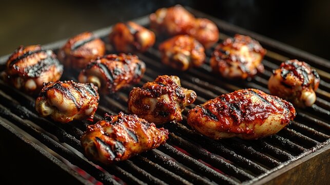 Tender chicken parts sizzle on the grill, covered in a smoky marinade under warm light