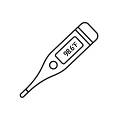 Simple black outline digital thermometer icon displaying 98.6F, medical device for temperature measurement.