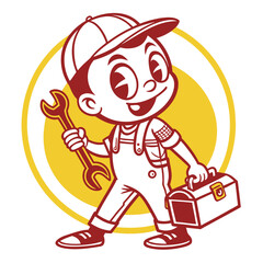 Happy cartoon boy mechanic holding wrench and toolbox
