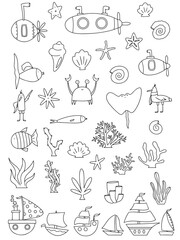 Hand-Drawn Ocean Life and Nautical Elements Collection. kids coloring page. printable children fun activity 