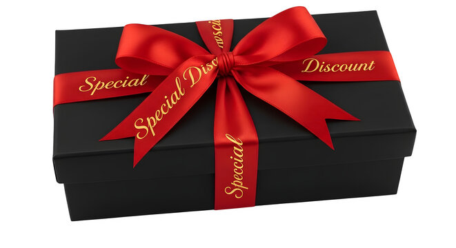 A black gift box with a red ribbon and bow, with the words special discount printed on the ribbon, isolated on transparent background