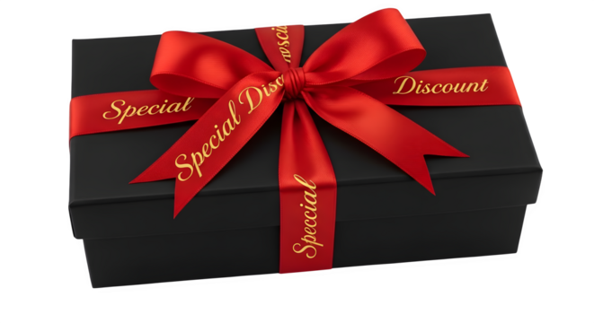 A black gift box with a red ribbon and bow, with the words special discount printed on the ribbon, isolated on transparent background