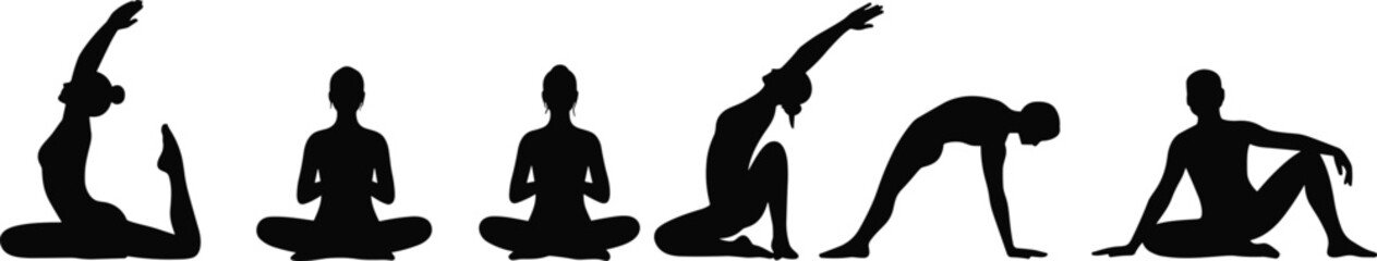 Yoga, silhouette, meditation, stretching, balance, fitness, exercise, wellness, relaxation, flexibility, mindfulness, healthy lifestyle, body, posture, calm, peace, vector, illustration, black, white