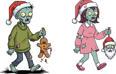 Zombie, Christmas, cartoon, illustration, children, Santa, hat, gingerbread, cookie, undead, festive, creepy, holiday, horror, funny, scary, character, artwork, costume, playful