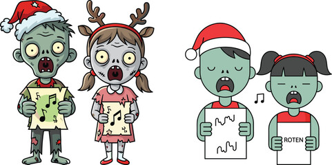 Zombie children Christmas carolers, cartoon undead singers, funny holiday illustration, spooky festive artwork, creepy cute characters, Halloween Christmas crossover, singing monsters