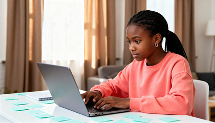 Focused Black student girl studying on a laptop at home. Young teenager doing homework with a computer for e-learning. Remote education and online course concept