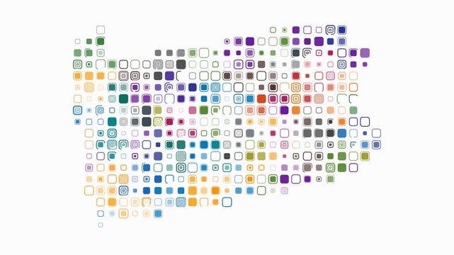 Pennsylvania animated shape. Pulsating colored dots on the map of the state. Large size rounded square blocks. Digital style Pennsylvania map on white background. Plain animation video.