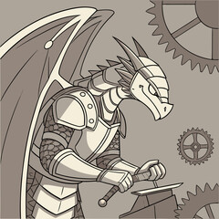 Steampunk dragon blacksmith forging a sword with gears in background