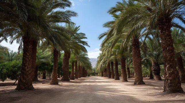 A symmetrical pathway lined with tall palm trees under a clear blue sky