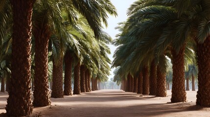 Obraz premium An endless avenue of tall palm trees stretches into the distance along a dusty pathway under a clear bright sky