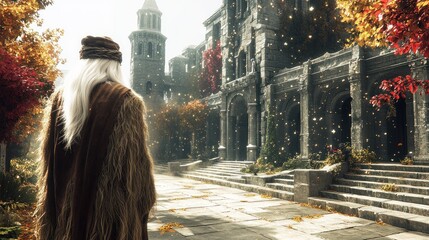 A cloaked figure gazes at crumbling buildings and vibrant foliage