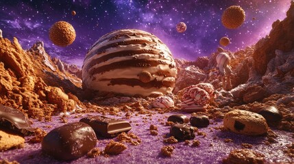 Giant desserts rise in a candy landscape beneath a starry sky