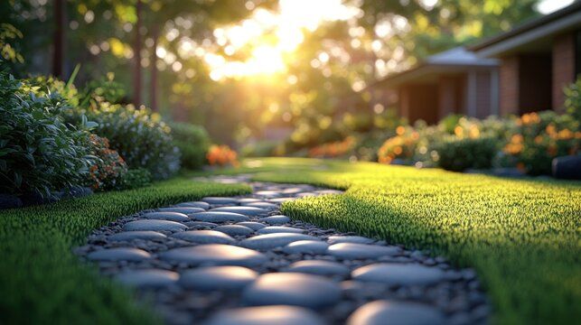 Sunlight touches lush greenery and vibrant flowers alongside a peaceful stone pathway