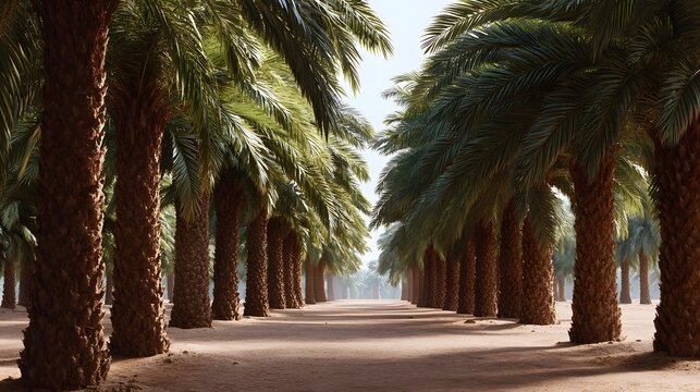 An endless avenue of tall palm trees stretches into the distance along a dusty pathway under a clear bright sky - Powered by Adobe