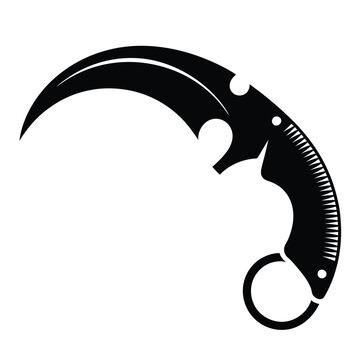 A black and white illustration of a karambit knife, a curved blade with a finger ring, isolated on the design is simple and bold