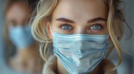 Young woman with blue eyes in a mask, symbolizing strength in tough times