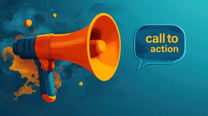 Bold megaphone on a blue backdrop urges immediate action through art