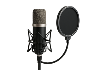Professional studio microphone with pop filter isolated on black background audio recording equipment for broadcasting voiceover podcast music production and vocal performance