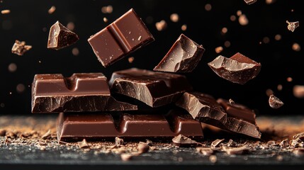Chocolate squares float against a dark background, showcasing their depth