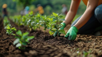 Volunteers work together to plant saplings in rich soil under a clear sky