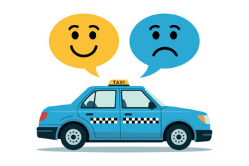 A blue taxi has two speech bubbles above it, one with a happy face and one with a sad face.