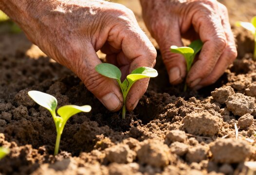 Close-up of senior hands planting a small green seedling in fertile soil. An elderly farmer working in the garden. Agriculture, new life, and growth concept