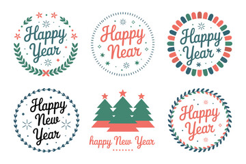 A collection of round badges with "Happy New Year" text and festive designs.