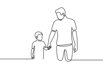 A man and a child hold hands, representing family and connection.