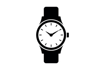 A simple black silhouette of a classic analog wristwatch against a white background.