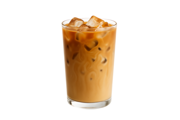 Cold iced coffee drink with milk and ice cubes in glass cup isolated on black background refreshing beverage caffeine energy morning breakfast and cafe concept
