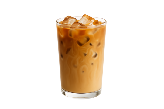 Cold iced coffee drink with milk and ice cubes in glass cup isolated on black background refreshing beverage caffeine energy morning breakfast and cafe concept