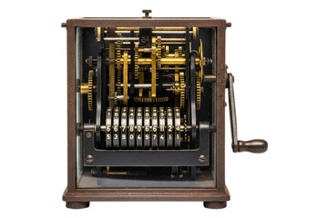 Cutaway view of a vintage mechanical calculator with metal gears isolated on a transparent background