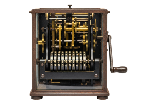Cutaway view of a vintage mechanical calculator with metal gears isolated on a transparent background