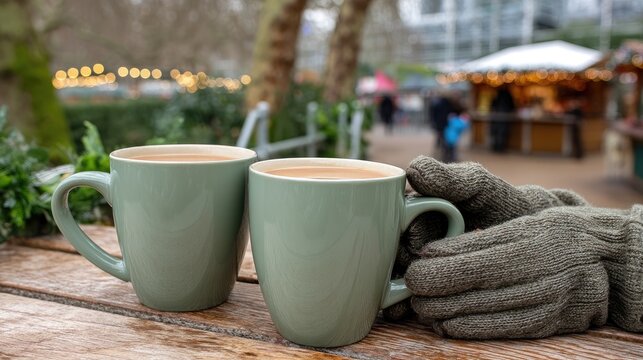 Two hands holding steaming cups of cocoa, surrounded by a joyful winter market scene filled with twinkling lights and holiday decorations