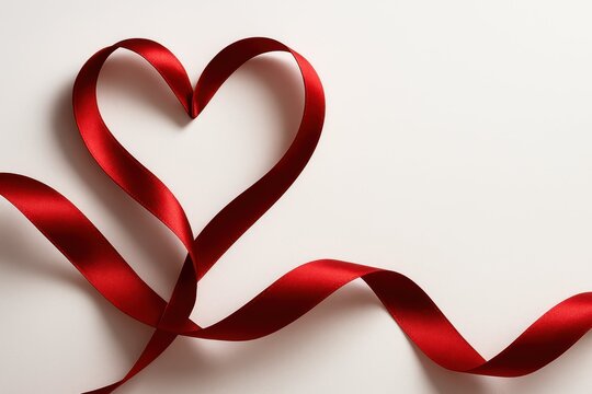 Red Ribbon Heart Shape. A flowing red satin ribbon forms a smooth heart silhouette on a bright surface, creating an elegant Valentine’s Day symbol of romance, warmth, and affection.