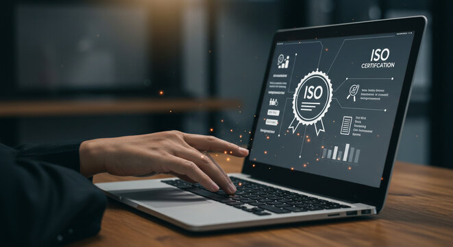 Professional hands interact with dynamic laptop screen displaying modern ISO certification graphics and data analytics visuals for business growth.