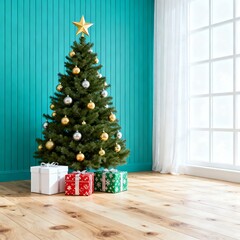 Celebrate joyous holiday cheer with a festive Christmas tree and colorful gifts in a bright, modern home interior setting