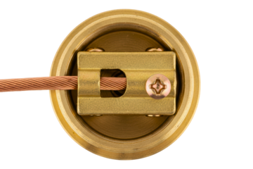 Brass electrical grounding terminal with a clamped copper wire isolated on a transparent background