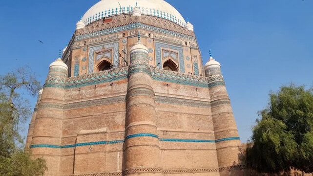The Tomb of Shah Rukn-e-Alam located in Multan, Punjab, Pakistan, is the mausoleum of the 14th century Punjabi Sufi saint Sheikh Rukn-ud-Din Abul Fateh. historical building in Multan. 4K Footage.