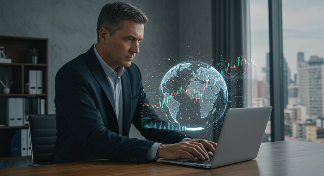 Confident businessman analyzes global financial data charts and stock market trends on laptop in modern office with city view