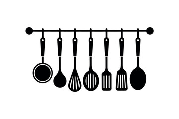 A collection of cooking utensils hangs from a rack.