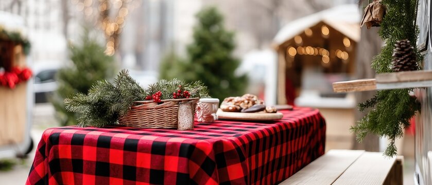 A steaming cup of coffee topped with whipped cream sits on a checkered tablecloth, with a charming serving booth in the background - Powered by Adobe