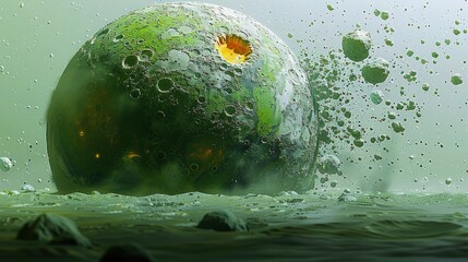 Green planet erupts with glowing energy in a vibrant cosmic scene