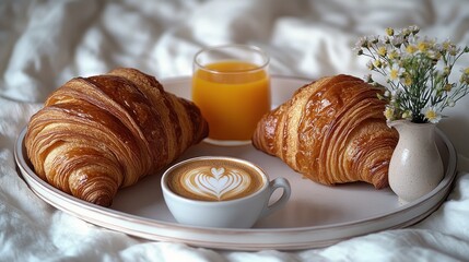 Delicious breakfast with croissants coffee and fresh juice on a cozy tray