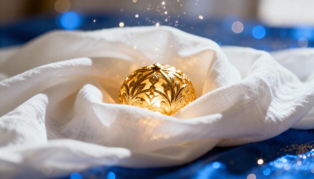 A magical golden Christmas ornament with glowing lights and sparkles. Festive holiday decoration nestled in white fabric on a blue background. Luxury winter celebration concept - Powered by Adobe