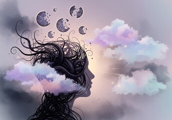 A soft silhouette with swirling ink tendrils and pastel clouds reveals depression’s inner battle, broken patterns, and gentle hints of hope in open copyspace.