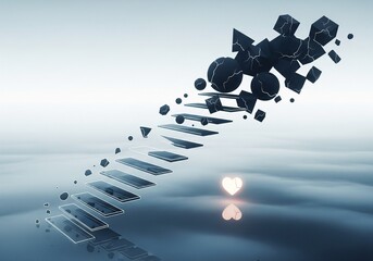 A fading staircase drifting into fog symbolizes disappearing motivation and emotional imbalance, with geometric forms and a glowing heart expressing fragile endurance.