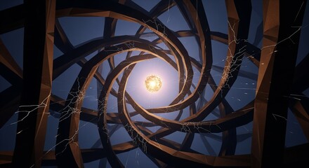 A dark geometric tunnel closing around a glowing orb, blending pressure, vulnerability, and hidden hope in a dramatic abstract scene with open copyspace.