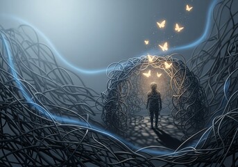 A tangled abstract forest surrounds a quiet figure to express emotional entrapment, softened by glowing butterflies symbolizing healing and hopeful balance.